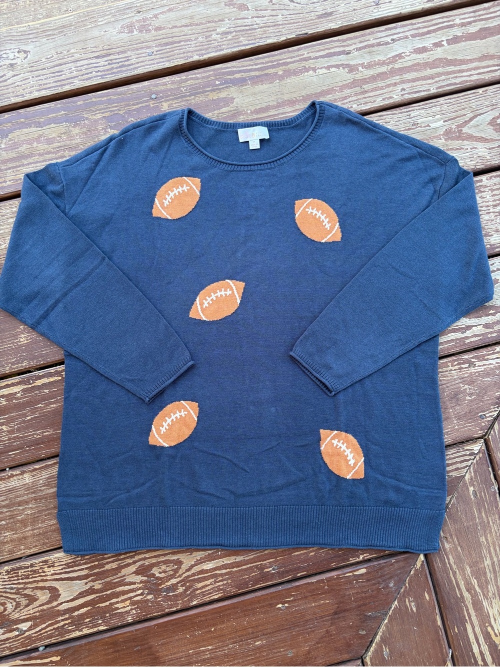 Belle by Kim Gravel Navy Crewneck Sweater with Orange Football Motifs